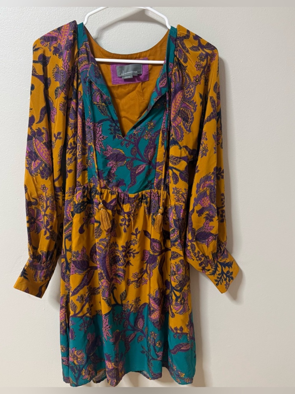 Anthropologie Mustard and Teal Floral Long-Sleeve Boho Silk Dress Western XS